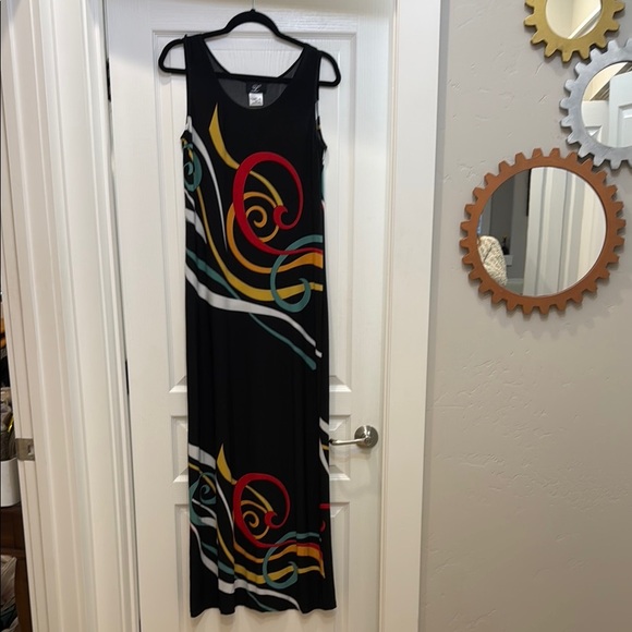 Libra Black Maxi Dress with Red, Yellow and Blue Design - Picture 1 of 3